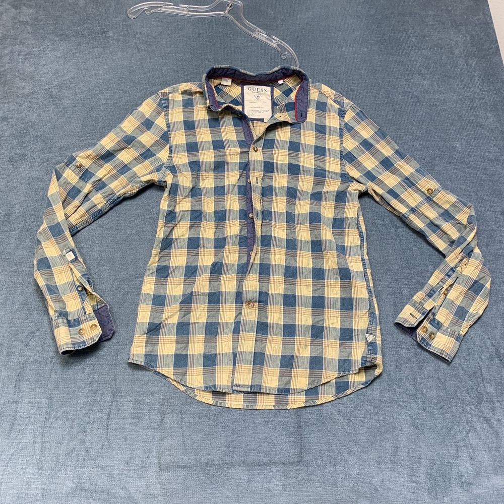 Guess Shirt Mens Small Beige Blue Plaid Roll-Tab Long Sleeve Button-Up Casual